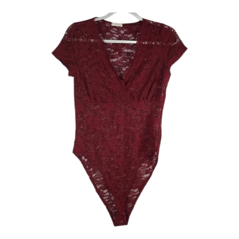 Tiny Willow Maroon V Neck Short Sleeve Lace Sheer Bodysuit Women’s L